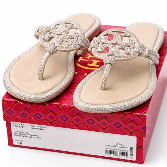 Tory Burch Miller Knotted Pavé Sandals 8.5 Stone Gray Crystal - Picture 3 of 10